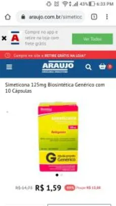 Simeticona 125mg Biosintética Genérico com 10 Cápsulas R$1,59