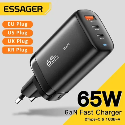 [Taxa inclusa] Carregador Rápido Essager 65W GaN com 3 saídas - 2 USB C e 1 USB A, Fast Charge QC 3.0 PD 3.0