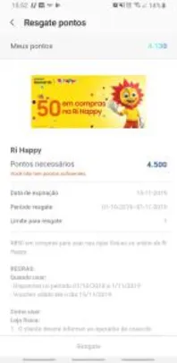 50 reais em compras na Ri Happy (4500 pontos do Samsung Pay)