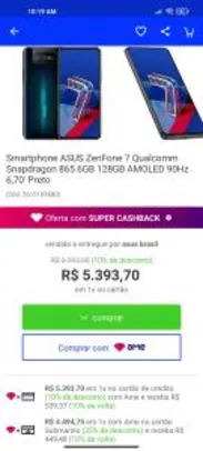 Smartphone ASUS ZenFone 7 Qualcomm Snapdragon 865 6GB 128GB AMOLED 90Hz 6,70' Preto R$4045