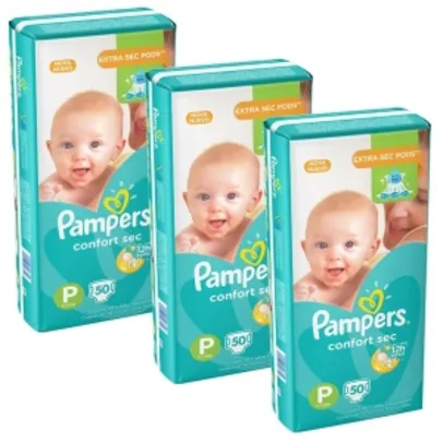 3 pacotes de Fralda Pampers Confort Sec  P/M/G a partir de R$ 90