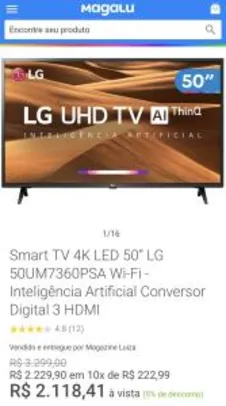 Smart TV 4K LED 50” LG 50UM7360PSA Wi-Fi - Inteligência Artificial Conversor Digital 3 HDMI | R$2.118