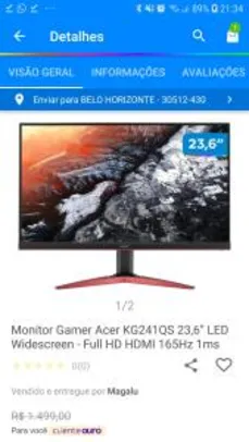 Monitor Acer 165Hz, 0.5ms (CUPOM+CLIENTE OURO) | R$1203