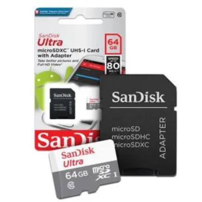 Cartão de Memoria 64gb Micro Sd Cl10 80mb/s Ultra Sandisk 50% de volta R$31,45 Com AME