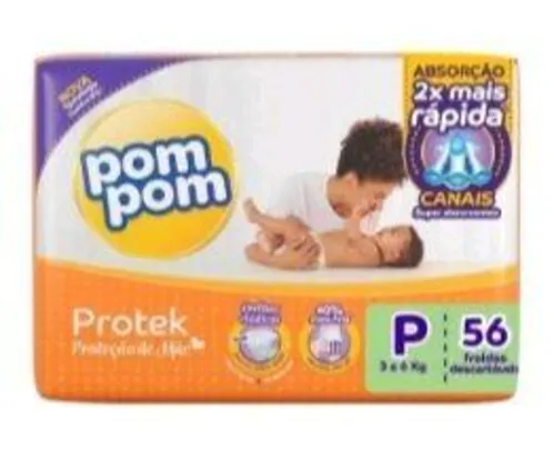 (6 pacotes | 336Unid) Fralda Pom Pom Protek Proteção de Mãe Mega - P | R$133