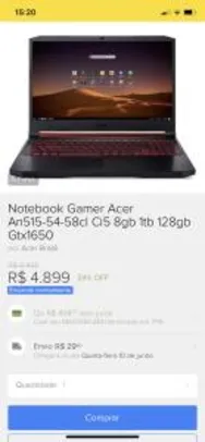 12x sem juros Notebook Gamer Acer An515-54-58cl Ci5 8gb 1tb 128gb Gtx1650