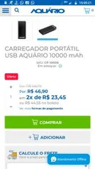 (Preço no boleto) CARREGADOR PORTÁTIL USB AQUÁRIO 10000 mAh R$45