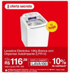 [AME R$ 1260,00] Lavadora Electrolux 14 Kg Branca Com Dispenser Autolimpante (lpr14) R$1399