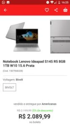 Notebook Lenovo Ideapad S145 R5 8GB 1TB W10 15.6 Prata - R$2090