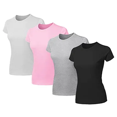 Kit 4 Blusas Feminina Tshirt Algodão Camiseta Baby Look Slim Fit Gola Redonda Básica, Tamanho GG