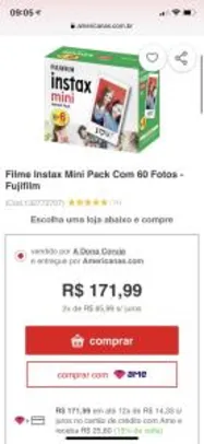 [AME 15%] Filme Instax Mini Pack Com 60 Fotos - Fujifilm R$ 172