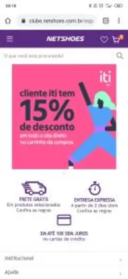 15% off em compras no Netshoes (Iti Itaú)
