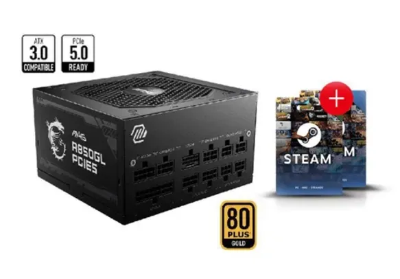 Fonte MAG A850GL PCIE5, ATX 3.0, 850W, 80 PLUS Gold, Modular, PCIe 5.0, PFC Ativo + Gift Card Steam USD $20