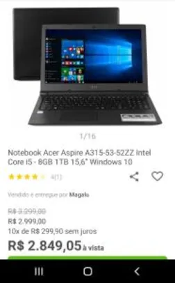 Notebook Acer Aspire A315-53-52ZZ Intel Core i5 - 8GB 1TB 15,6” Windows 10 | R$2.850