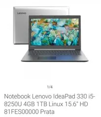 (MARKET PLACE) Notebook Lenovo IdeaPad 330 i5-8250U 4GB 1TB Linux 15.6" HD 81FES00000 Prata