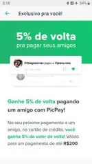 [Usuários selecionados] 5% de Volta pagando Amigo