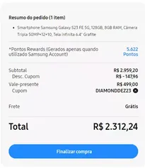  Smartphone Samsung Galaxy S23 FE 5G, 128GB, 8GB RAM, Câmera Tripla 50MP+12+10, Tela infinita 6.4" Grafite[VIP / 1ª Compra]