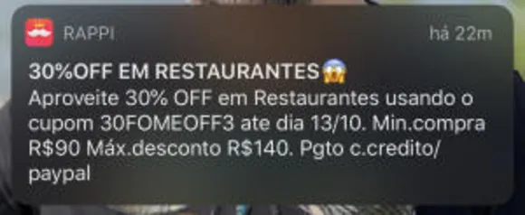 [Usuários Selecionados] 30% OFF em restaurantes