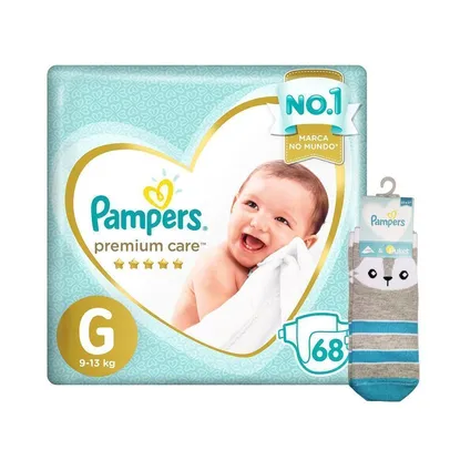 Kit 68 Fralda Pampers Premium Care Jumbo Tamanho G + Meia Puket Gato | R$79