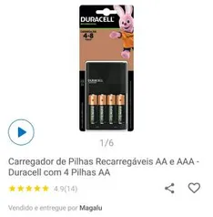 (Cupom + Clube da Lu + qualquer item) Carregador de Pilhas Recarregáveis Duracell com 4 pilhas AA R$93