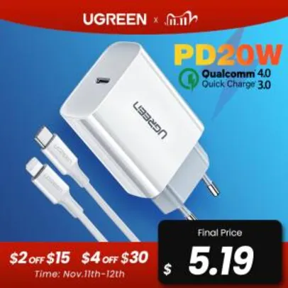 Ugreen carga rápida usb tipo c carregador rápido para iphone 12 | R$ 64