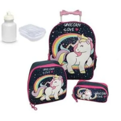 Kit Mochila Bolsa Infantil Rodinha Unicornio Menina