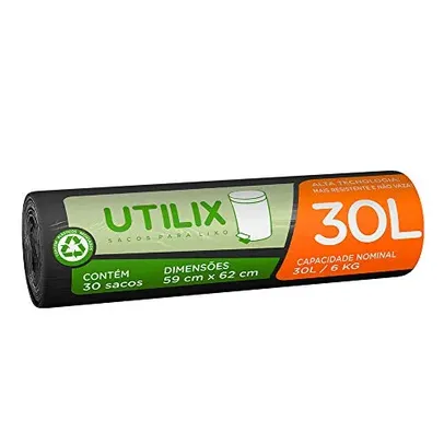 [Rec/ + por - 5,39] Utilix 510024312 - Saco para lixo, 30 litros, Preto, Rolo com 30 sacos