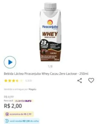 Bebida Láctea Piracanjuba Whey Cacau Zero Lactose - 250ml | R$1,36