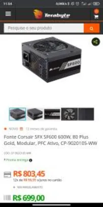 Fonte Corsair SFX SF600 600W, 80 Plus Gold, Modular, PFC Ativo, CP-9020105-WW | R$