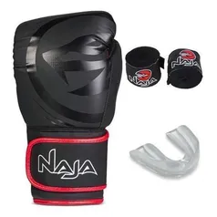 Kit Luvas Muay Thai Boxe Naja Preta e Vermelha 10 Oz