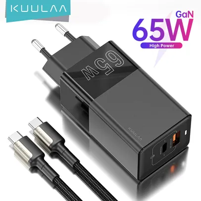 (NOVOS USUÁRIOS) Carregador GaN Kuulaa 65w QC 4.0 com cabo USB-C 100W +Outro cabo da loja | R$ 52