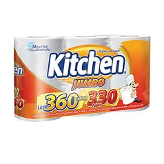 Papel Toalha Kitchen Jumbo Folha Dupla - Pack com 3 rolos de 110 unidades de 19x20 cm cada Levando 2unidades