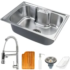 Cuba Para Cozinha Gourmet Pia Aço Inox Com Acessórios E Tábua De Corte Nawa 50 Cm E Torneira Gourmet Munim Pingoo.casa