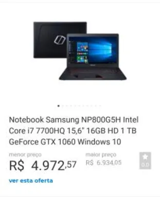 Notebook Odyssey Intel Core 7 i7 16GB (GeForce GTX 1060 com 6GB) 1TB LED Full HD 15.6'' W10 Preto - Samsung