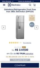 Geladeira/Refrigerador Frost Free Inox 380L Electrolux (DW42X) R$ 1746