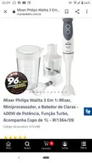 Mixer Philips Walita 3 Em 1: Mixer, Miniprocessador, e Batedor de Claras - 400W de Potência, Função Turbo, Acompanha Copo de 1L - RI1364/09