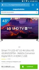 Smart TV LED 43” LG 4K/Ultra HD 43UK6520PSA - WebOs Conversor Digital Wi-Fi 4 HDMI 2 USB - R$ 2089