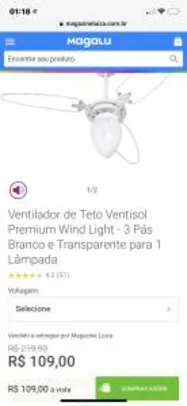 Ventilador de Teto Ventisol Premium Wind Light - 3 Pás Branco e Transparente para 1 Lâmpada - R$109