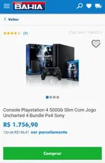 Console Playstation 4 500Gb Slim Com Jogo Uncharted 4 Bundle Ps4 Sony - R$1.757