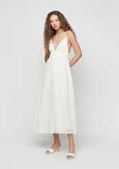 Vestido Midi Evasê Decote V Em Laise - Off White [Tam.: XP ao M]