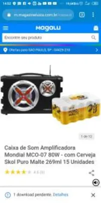 Caixa de Som Amplificadora Mondial - com Cerveja Skol Puro Malte 269ml 15 Unidades | R$190