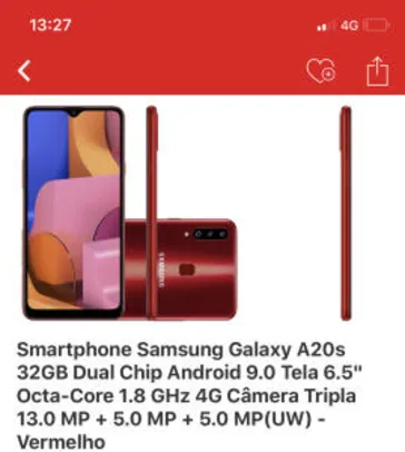 [R$726 AME + CC] Smartphone Samsung Galaxy A20s 32GB | R$1.104