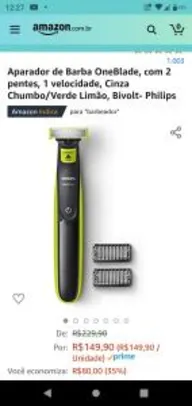 Aparador de Barba OneBlade, com 2 pentes, 1 velocidade, Cinza Chumbo/Verde Limão, Bivolt- Philips R$150