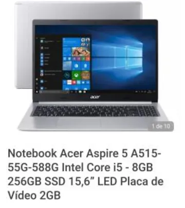 [Cliente Ouro APP] Notebook Acer Aspire 5 A515-55G-588G Intel Core i5 - 8GB 256GB | R$ 3460