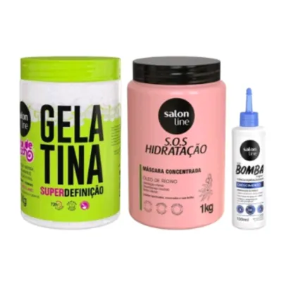 Kit com Gelatina Super Definição + Tônico Fortalecedor + Máscara SOS Hidratação Turbinada Salon Line