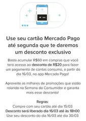 Ganhe R$20 comprando R$60 com cartão Mercado Pago