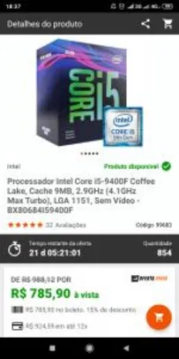 Processador Intel Core i5-9400F Coffee Lake, Cache 9MB, 2.9GHz R$786