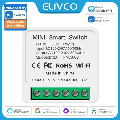 Mini Interruptor Inteligente WiFi 16A, Compatível com Alexa, Funciona no app EWelink da Sonoff