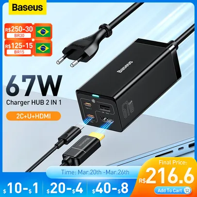 Hub / Carregador 67W com 2Usb C + 1 Usb A + HDMI 4k Baseus + Cabo Tipo C 1 Metro 100W