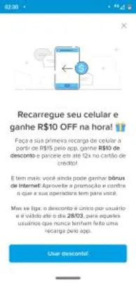 (Selecionados) R$ 10 OFF para primeira recarga de celular